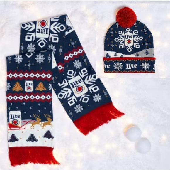 Miller Lite 2019 Ugly Holdiay Sweater Collection Scarf & Beanie Set - Picture 1 of 10
